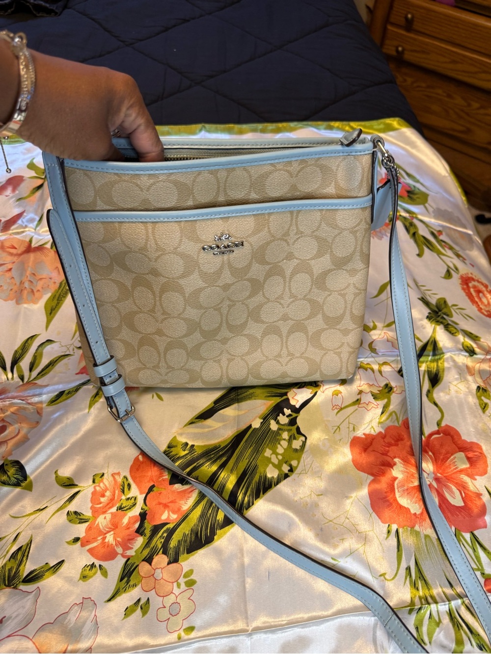 Coach Signature Canvas Light Blue Trim Crossbody Bag